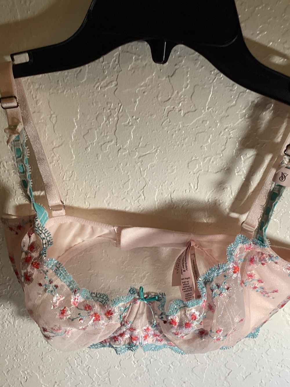 Sheer Pink Embroidered Balconette Bra with Turquoise Trim